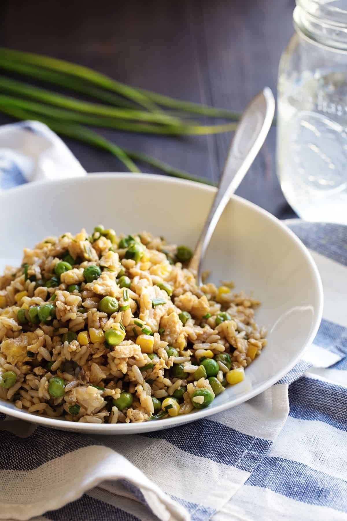 Veggie Fried Rice on a white bowl.