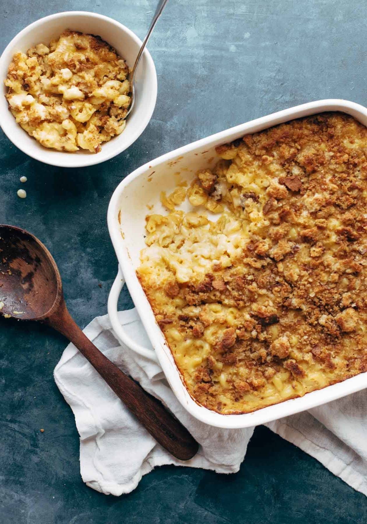 Baked mac and cheese in a casserole dish.