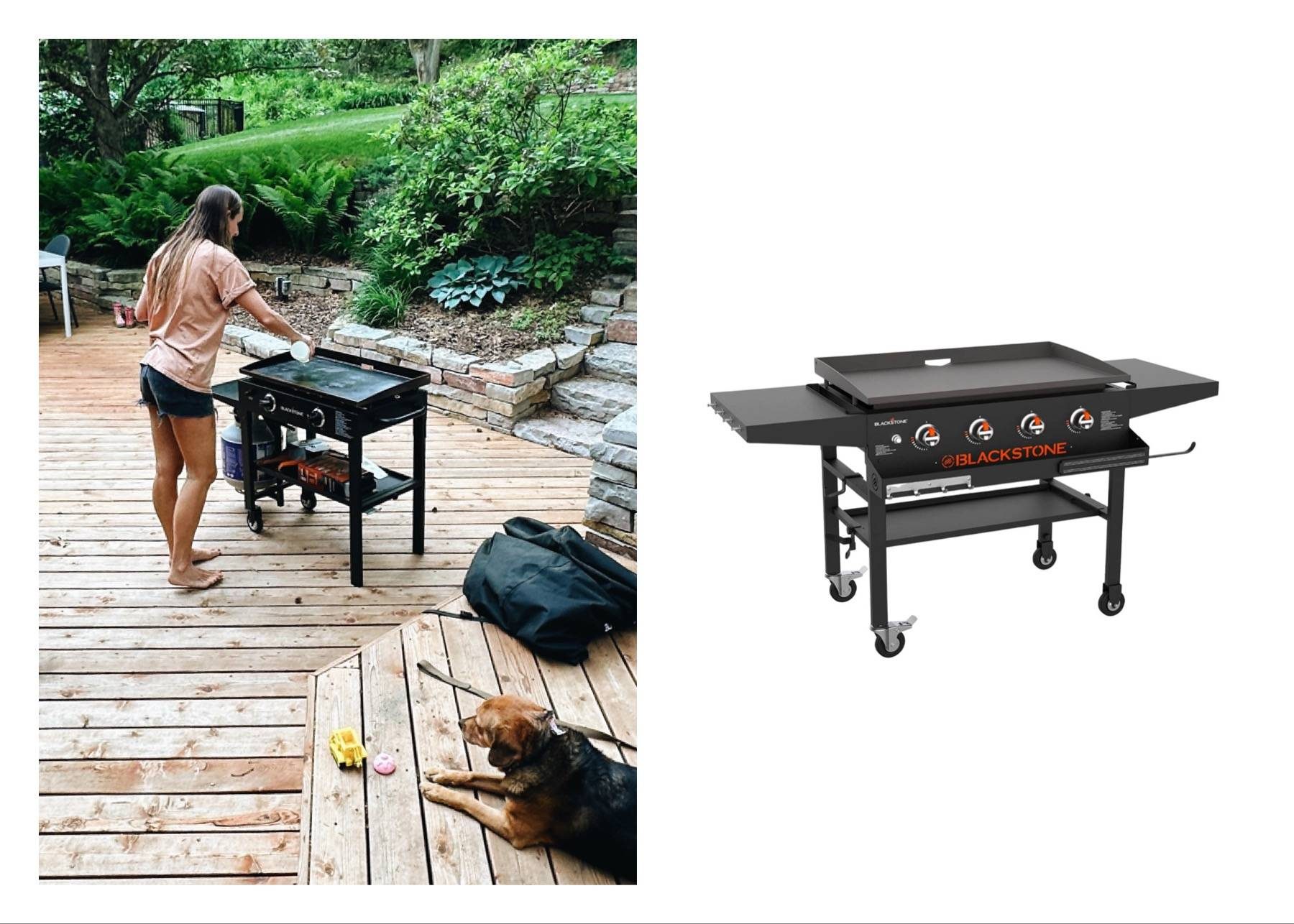 Woman grilling on a Blackstone flattop next to a stock photo of a Blackstone flattop.