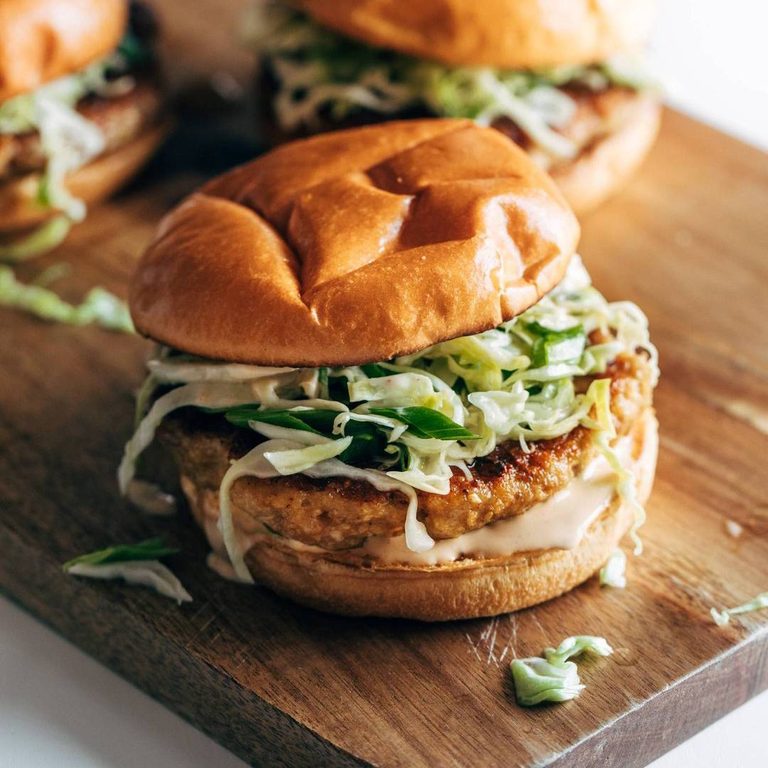 Teriyaki chicken burgers with slaw.
