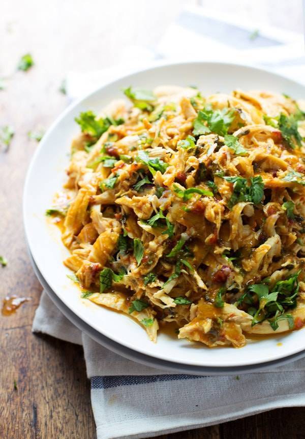 Spicy Chipotle Shredded Chicken on a white plate.