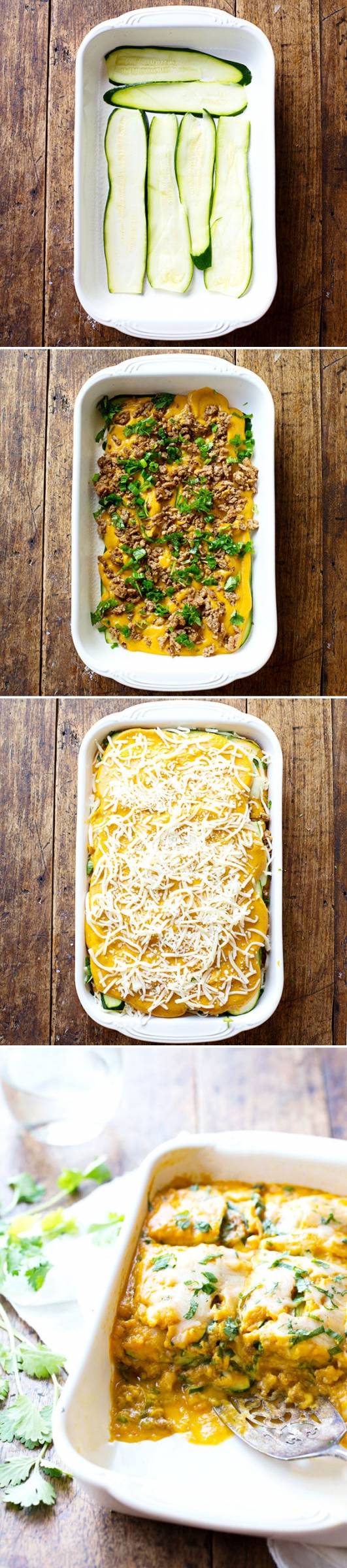 Process of making zucchini lasagna bake.