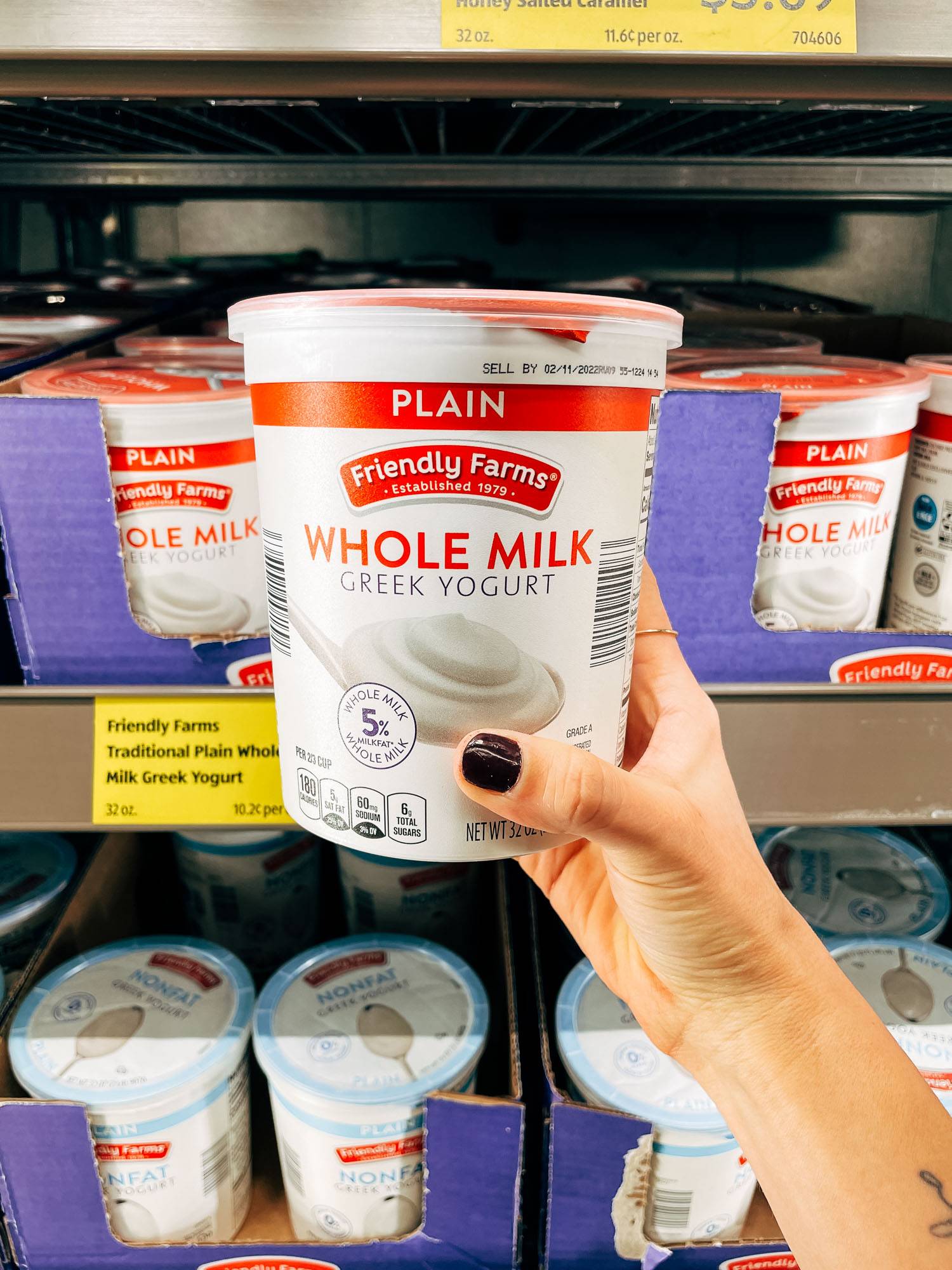 White hand holding a container of whole milk yogurt